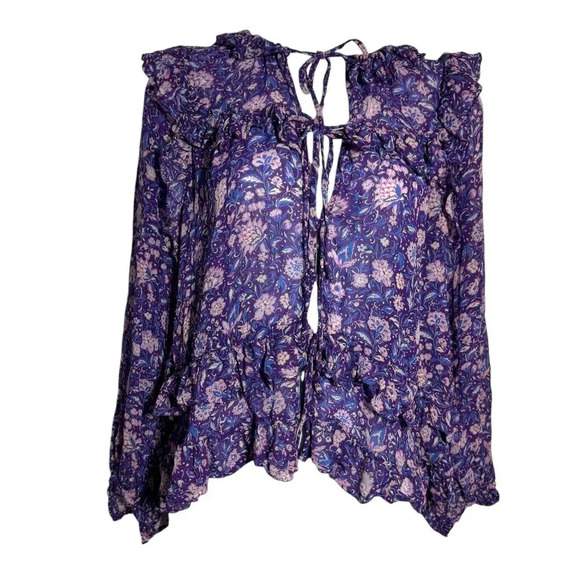MAJE Purple Dahlia ruffle long sleeve top size 3 Large ties in front floral - Picture 6 of 10